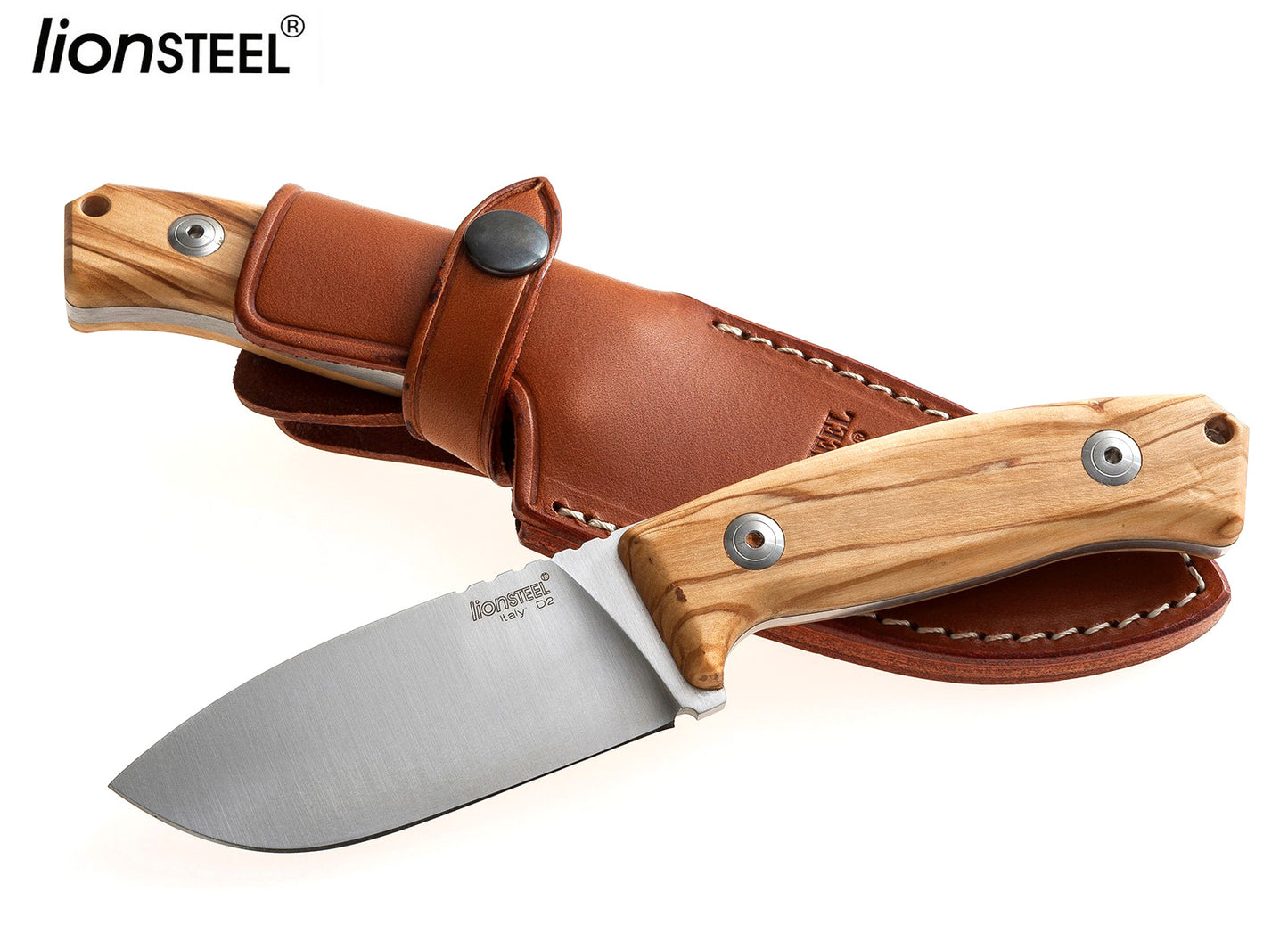 LionSteel M2 3.54" D2 Olive Wood Fixed Blade Knife with Leather Sheath