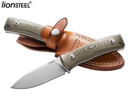 LionSteel M4 3.74" M390 Green Canvas Micarta Fixed Blade Knife with Leather Sheath