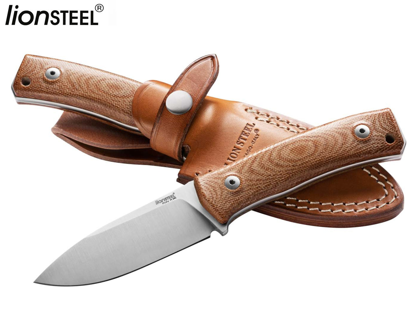 LionSteel M4 3.74" M390 Natural Canvas Micarta Fixed Blade Knife with Leather Sheath