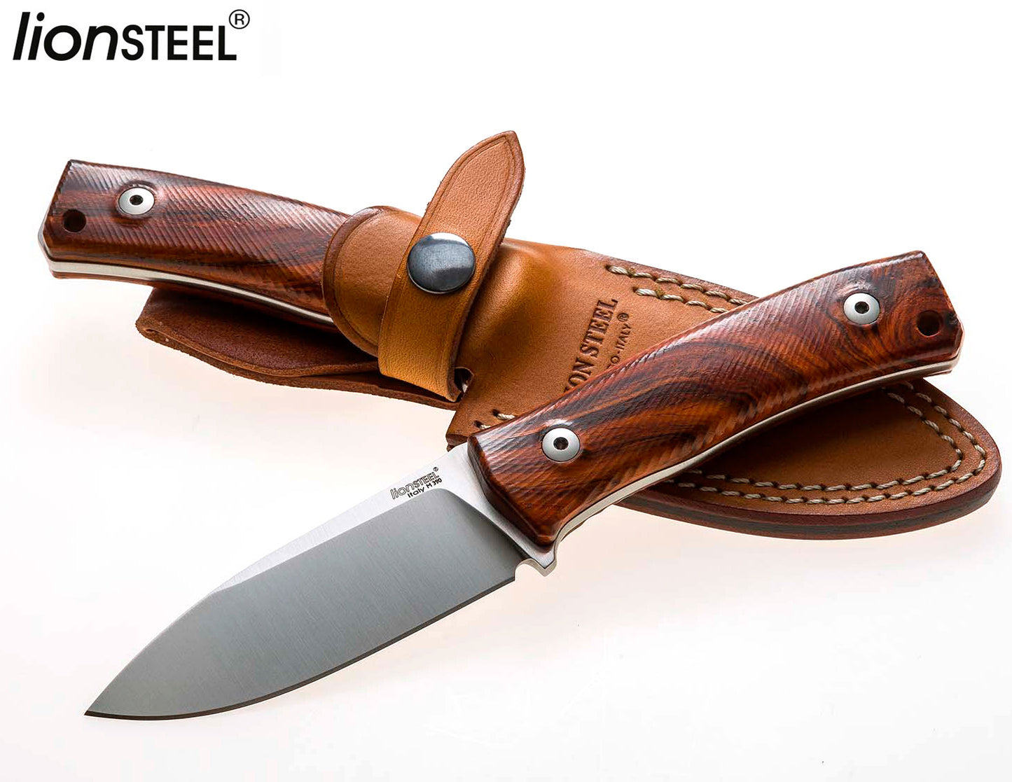LionSteel M4 3.74" M390 Santos Wood Fixed Blade Bushcraft Knife with Leather Sheath