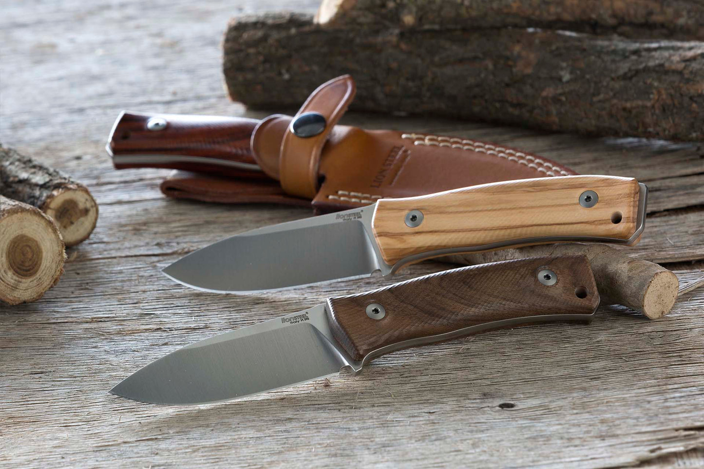 LionSteel M4 3.74" M390 Walnut Wood Fixed Blade Bushcraft Knife with Leather Sheath