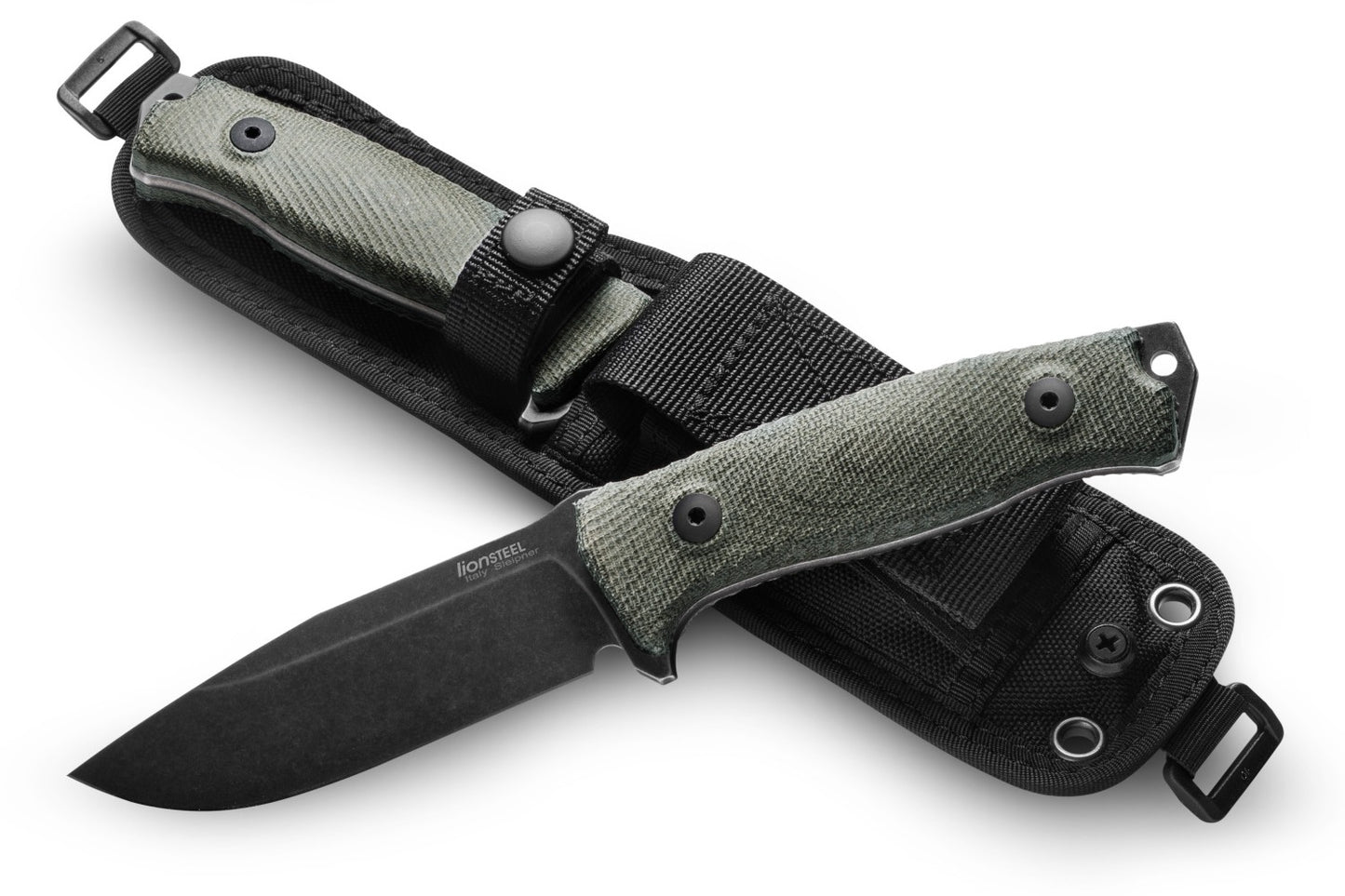 LionSteel M5B CVG 4.53" Black Sleipner Green Canvas Micarta Fixed Blade Bushcraft Knife with Cordura Sheath