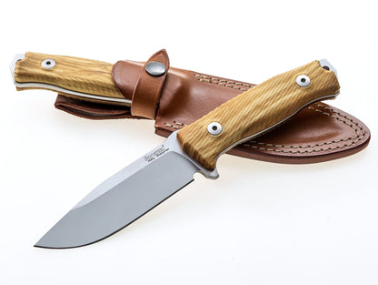 LionSteel M5 4.53" Sleipner Olive Wood Fixed Blade Bushcraft Knife with Leather Sheath