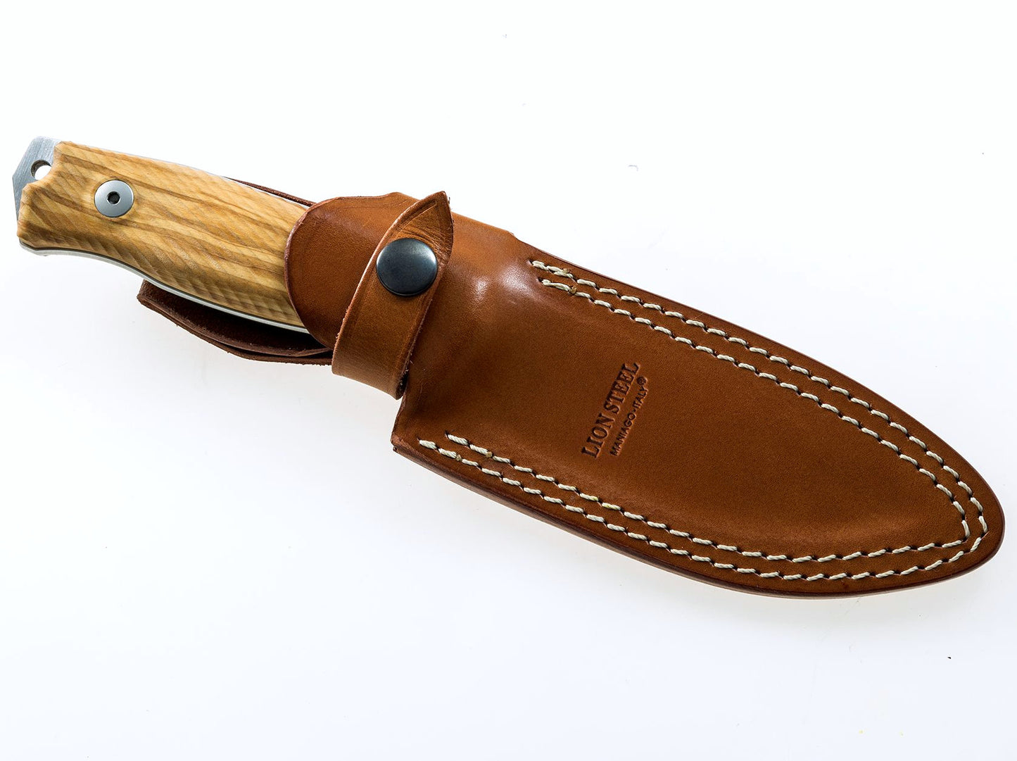 LionSteel M5 4.53" Sleipner Olive Wood Fixed Blade Bushcraft Knife with Leather Sheath