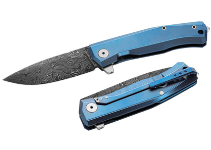 LionSteel Myto 3.27" Chad Nichols Scrambled Damascus Folding Knife with Blue Titanium Handle