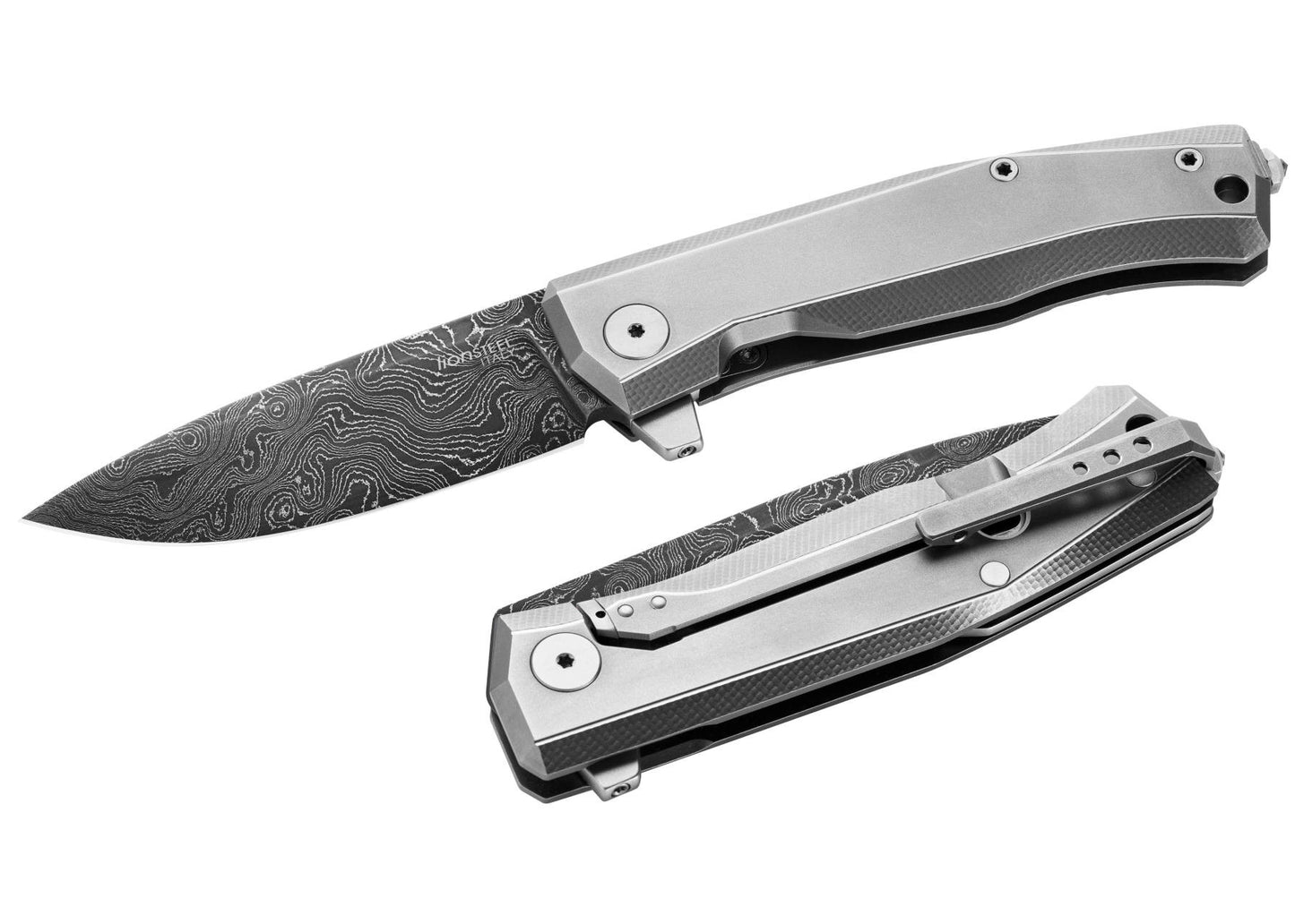 LionSteel Myto 3.27" Chad Nichols Scrambled Damascus Folding Knife with Grey Titanium Handle