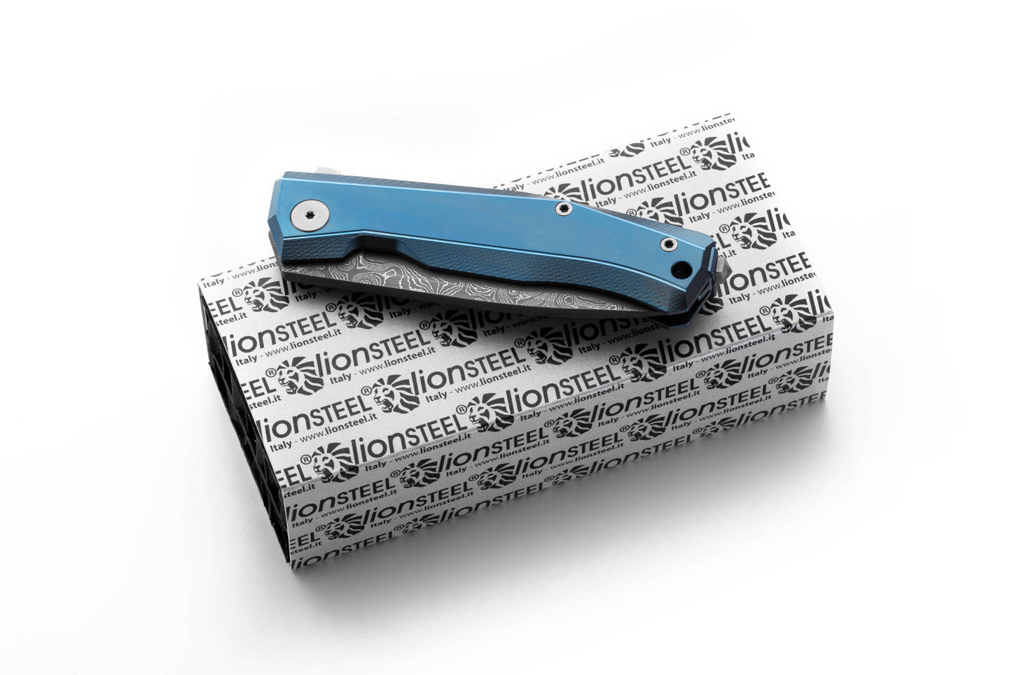LionSteel Myto 3.27" Chad Nichols Scrambled Damascus Folding Knife with Blue Titanium Handle