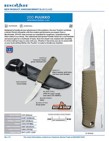 Benchmade 200 Puukko 3.75" CPM-3V Fixed Blade Knife with Santoprene Handle and Leather Sheath