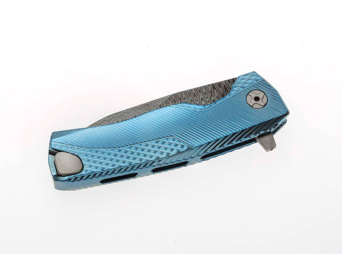 LionSteel ROK 3.39" Chad Nichols Scrambled Damascus Blue Titanium Hidden Clip Folding Knife ROK DD BL