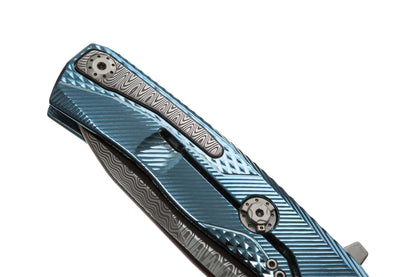 LionSteel ROK 3.39" Chad Nichols Scrambled Damascus Blue Titanium Hidden Clip Folding Knife ROK DD BL