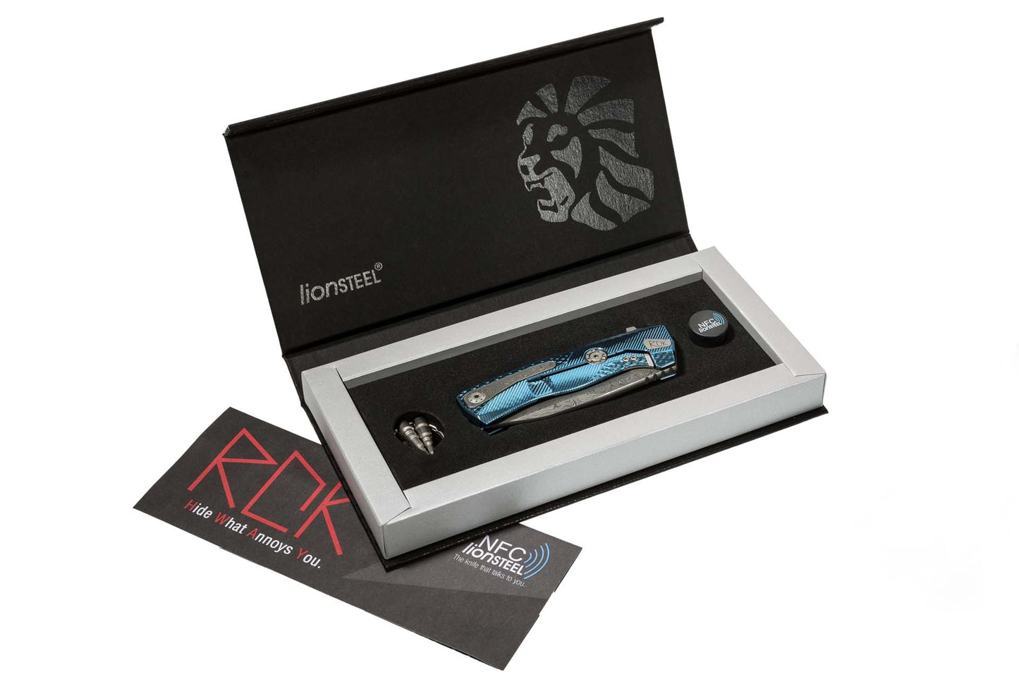 LionSteel ROK 3.39" Chad Nichols Scrambled Damascus Blue Titanium Hidden Clip Folding Knife ROK DD BL
