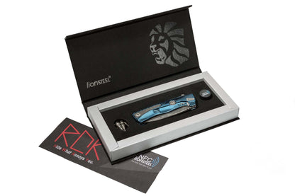 LionSteel ROK 3.39" Chad Nichols Scrambled Damascus Blue Titanium Hidden Clip Folding Knife ROK DD BL