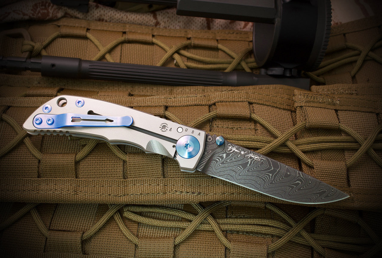 Spartan Blades SHF 3.25 Spartan Harsey Folder 3.25" Chad Nichols Damascus Titanium Folding Knife Blue Hardware