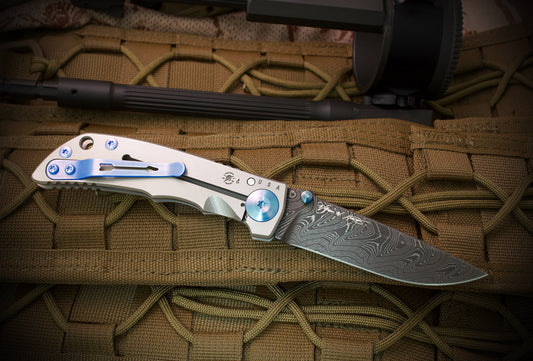 Spartan Blades SHF 3.25 Spartan Harsey Folder 3.25" Chad Nichols Damascus Titanium Folding Knife Blue Hardware
