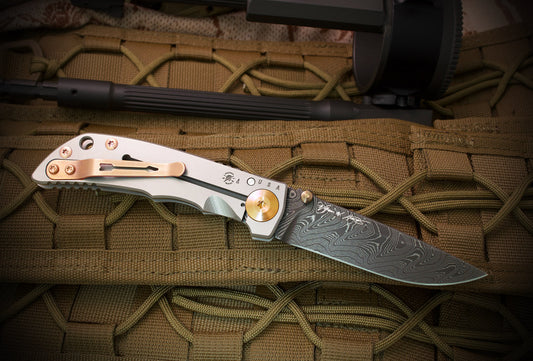 Spartan Blades SHF 3.25 Spartan Harsey Folder 3.25" Chad Nichols Damascus Titanium Folding Knife Bronze Hardware