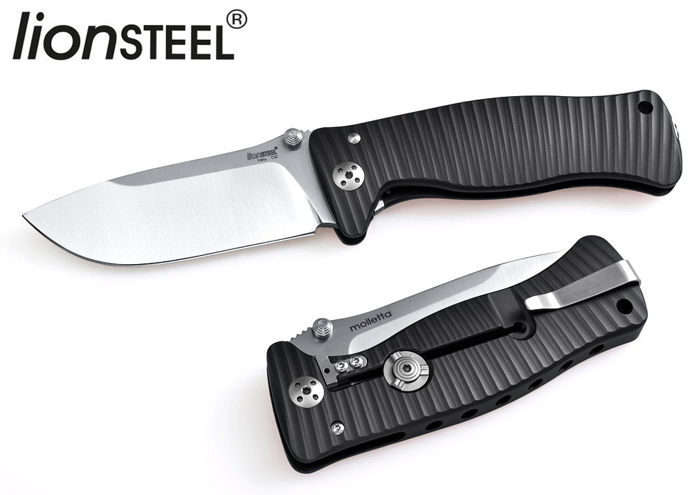 LionSteel SR-1 3.7" D2 Folding Knife Black Handle Satin Blade SR1A-BS