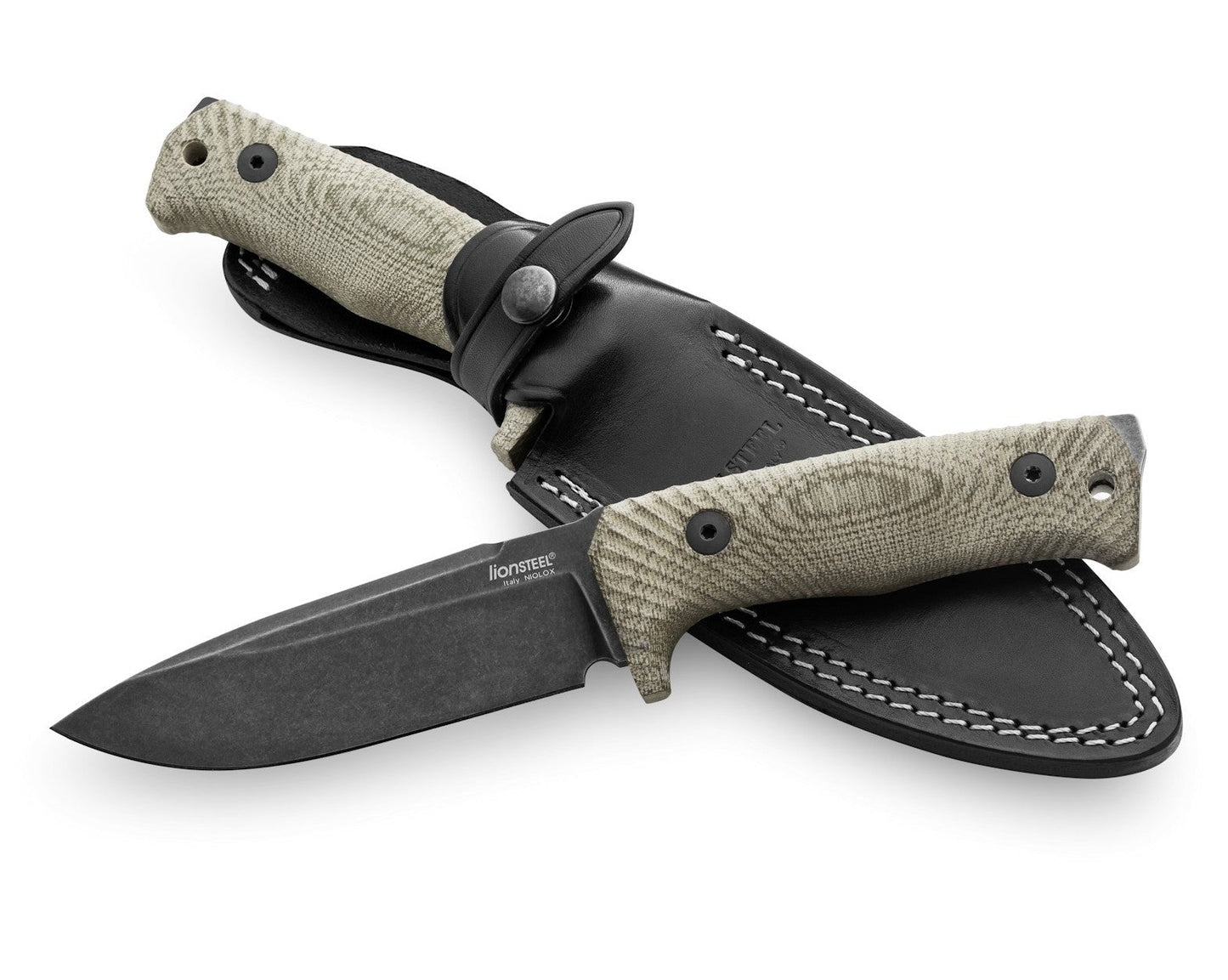 LionSteel T5 5.04" Black PVD Stonewashed Niolox Green Canvas Micarta Fixed Blade Knife