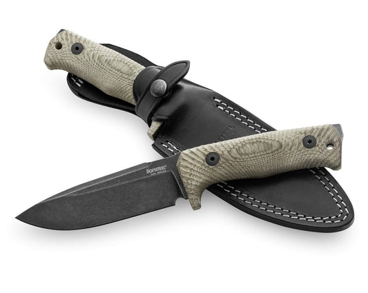 LionSteel T5 5.04" Black PVD Stonewashed Niolox Green Canvas Micarta Fixed Blade Knife