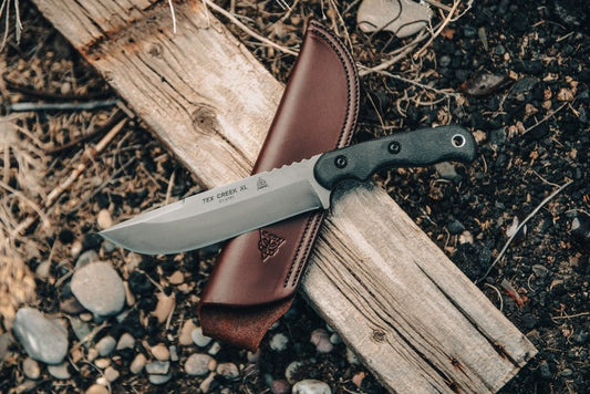 TOPS Knives Tex Creek XL 6" Black River Wash Fixed Blade Knife with Leather Sheath TEX-XL