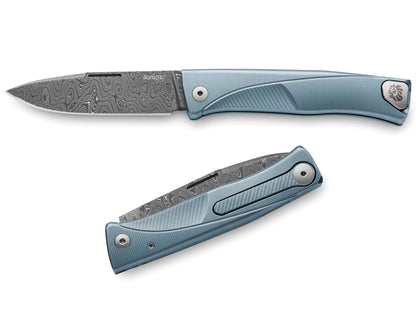LionSteel Thrill 3.15" Chad Nichols Scrambled Damascus Integral Slipjoint Folding Knife with Blue Titanium Handle