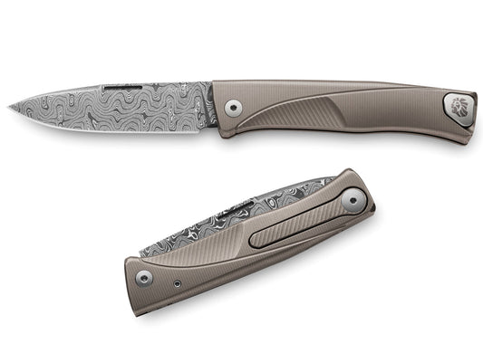 LionSteel Thrill 3.15" Chad Nichols Scrambled Damascus Integral Slipjoint Folding Knife with Grey Titanium Handle