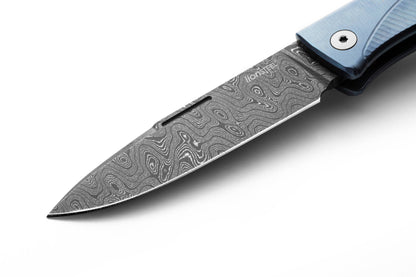 LionSteel Thrill 3.15" Chad Nichols Scrambled Damascus Integral Slipjoint Folding Knife with Blue Titanium Handle
