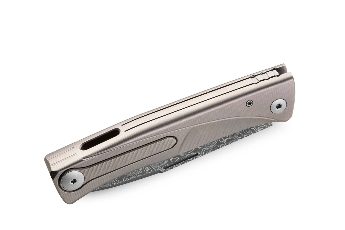 LionSteel Thrill 3.15" Chad Nichols Scrambled Damascus Integral Slipjoint Folding Knife with Grey Titanium Handle