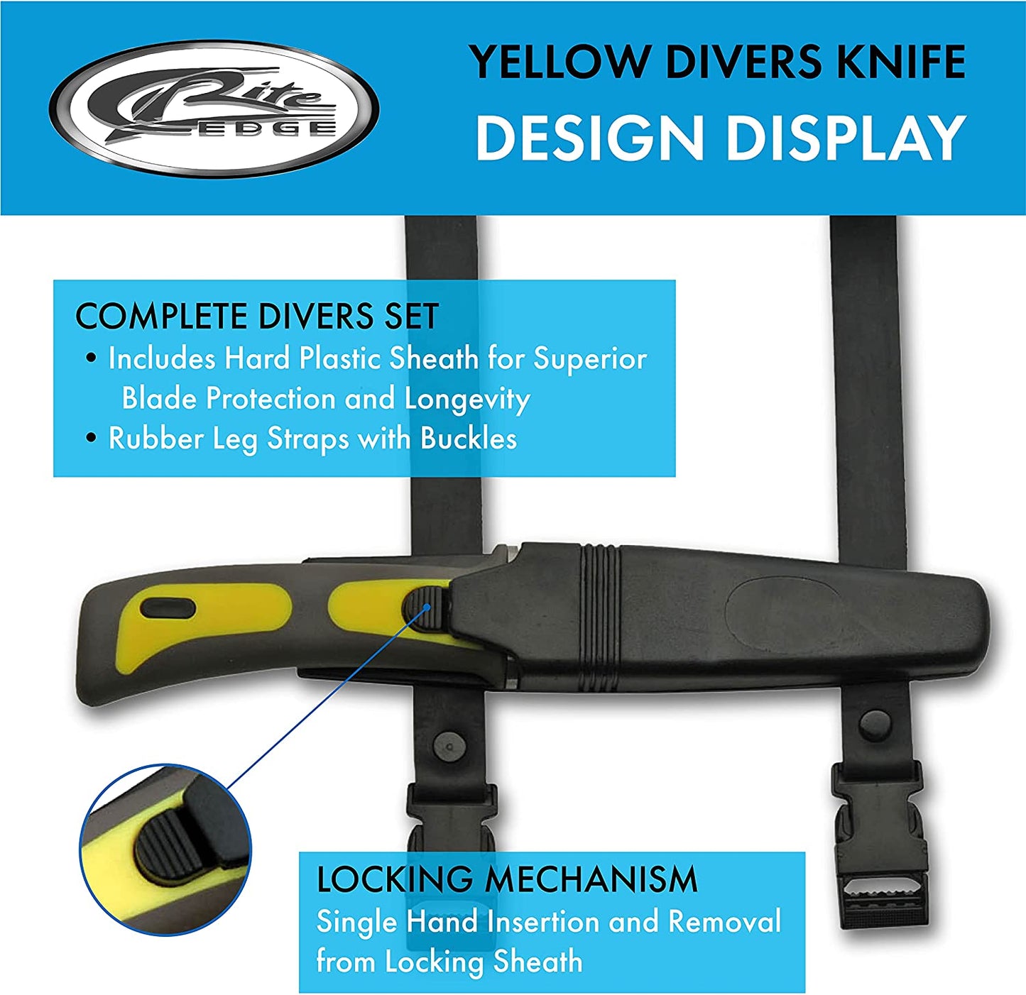 Rite Edge Dive Knife with Locking Sheath and Diving Straps - Yellow